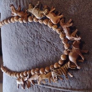 Vintage Corded Hand Carved Wooden Animals Necklace, Tie Closure, Unique, Rare